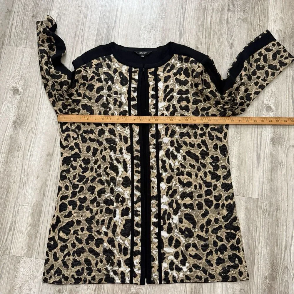 Misook Animal Print Long Knit Jacket Women's L Leopard Cheetah Open Front Luxe